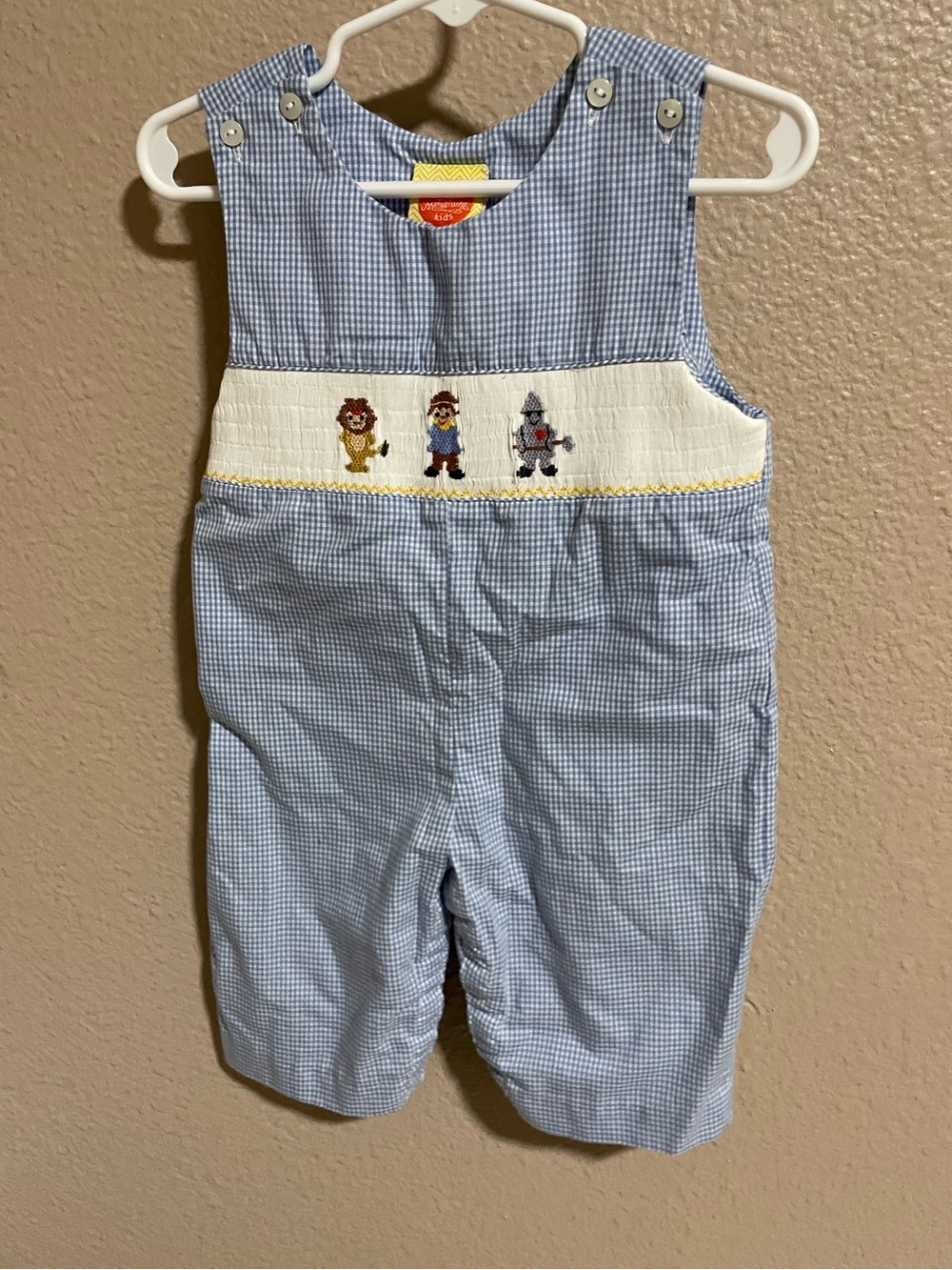 Southern Sunshine Kids Blue Gingham Kids Romper with Smocked Wizard of Oz Motif